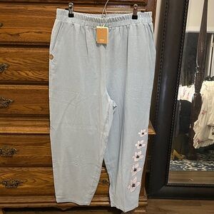 Light Blue Kids' Floral Casual Pants 100%COTTON NWT with pockets